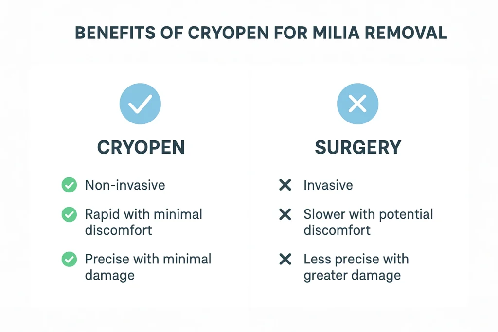 Benefits of cryopen for milia removal Longbridge compared to surgical treatments.