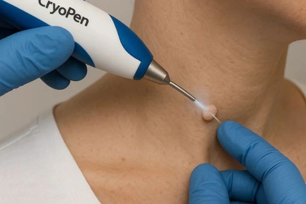 Person receiving cryotherapy Longbridge for skin tag removal