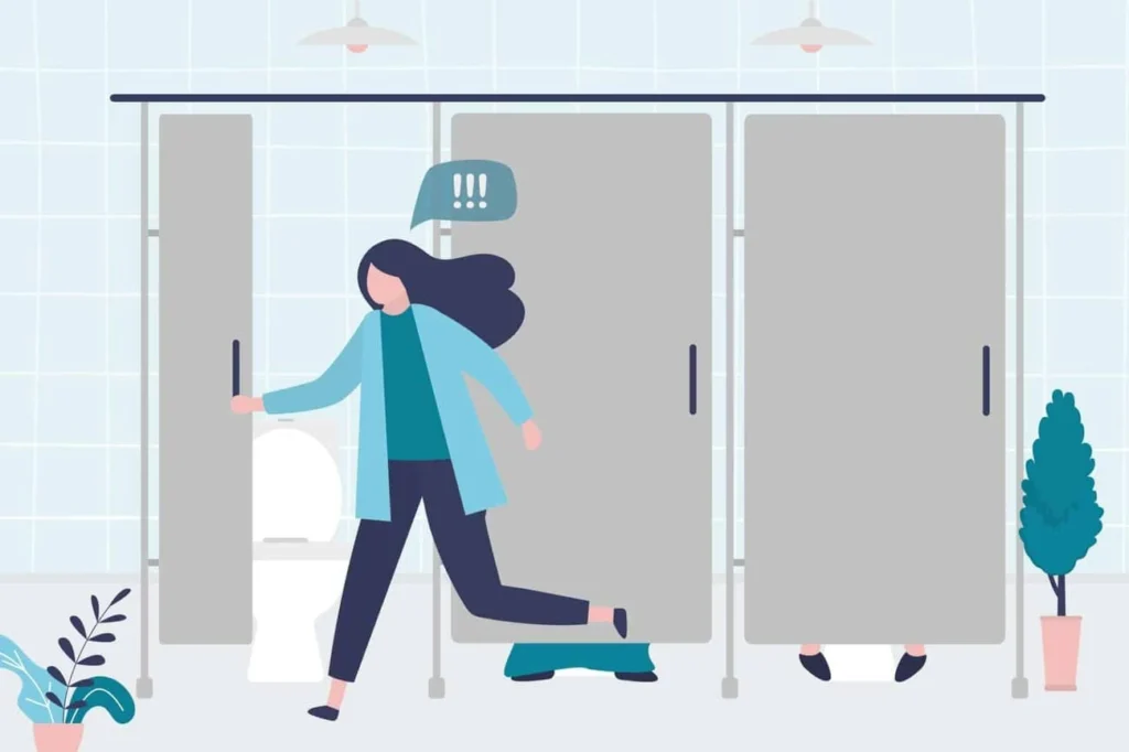 graphic of Urine incontinence Longbridge woman running to the toilet.