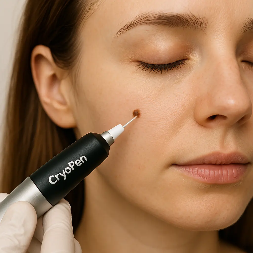 woman receiving facial mole removal Longbridge using cryopen