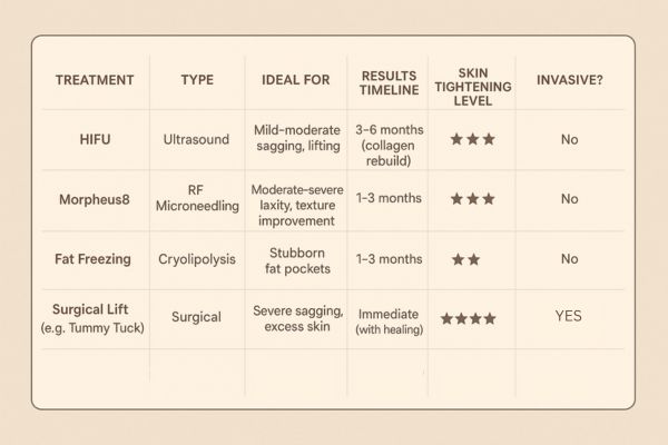 Table showing the comparisons of Skin tightening Longbridge treatment options.